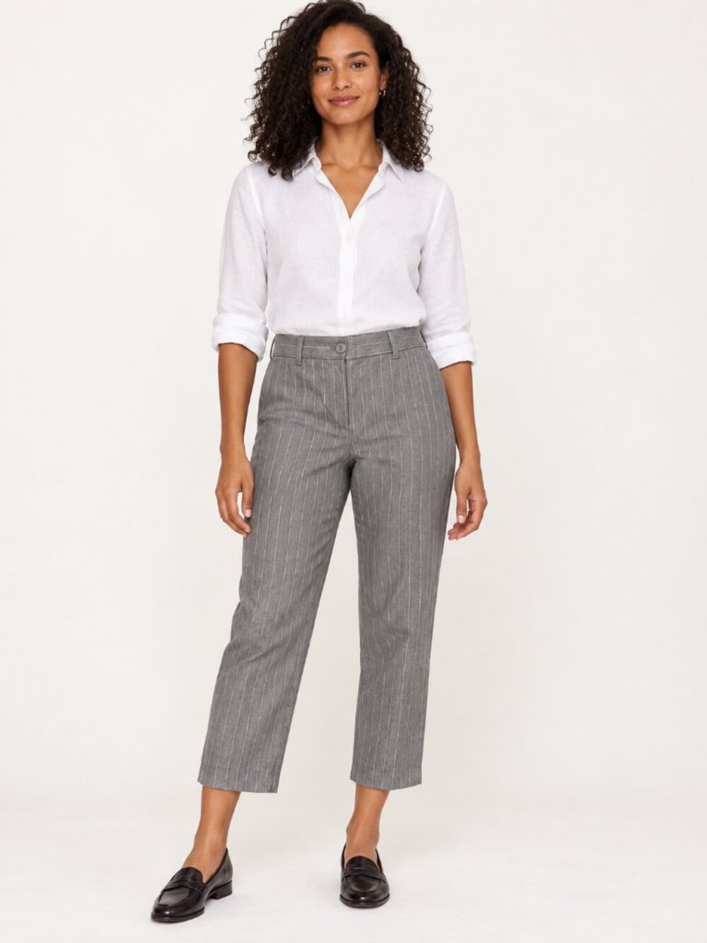 J.Jill Linen Stretch Gray Striped Cropped Pants Size 4 Preppy Style Office
